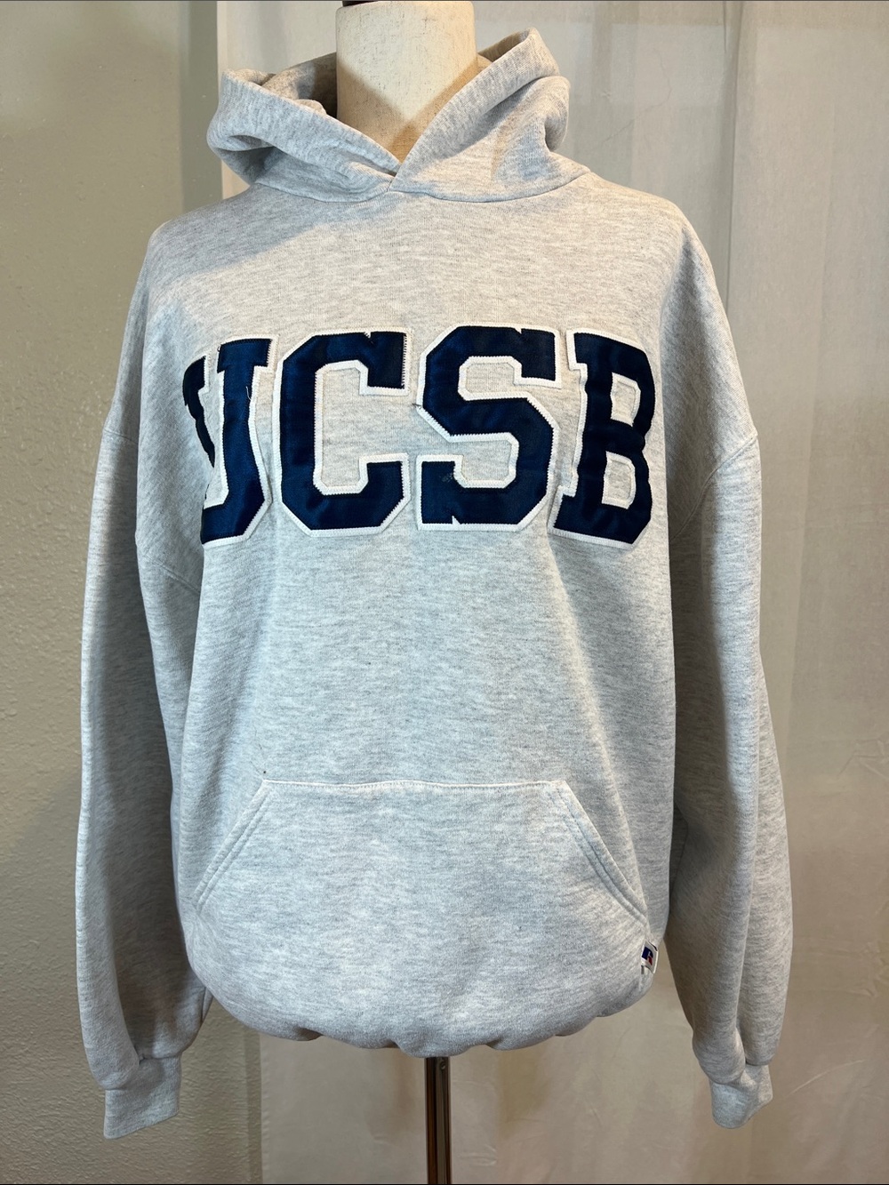 UCSB Gray Pullover Hoodie with Navy Appliqué. Size XL. Callout